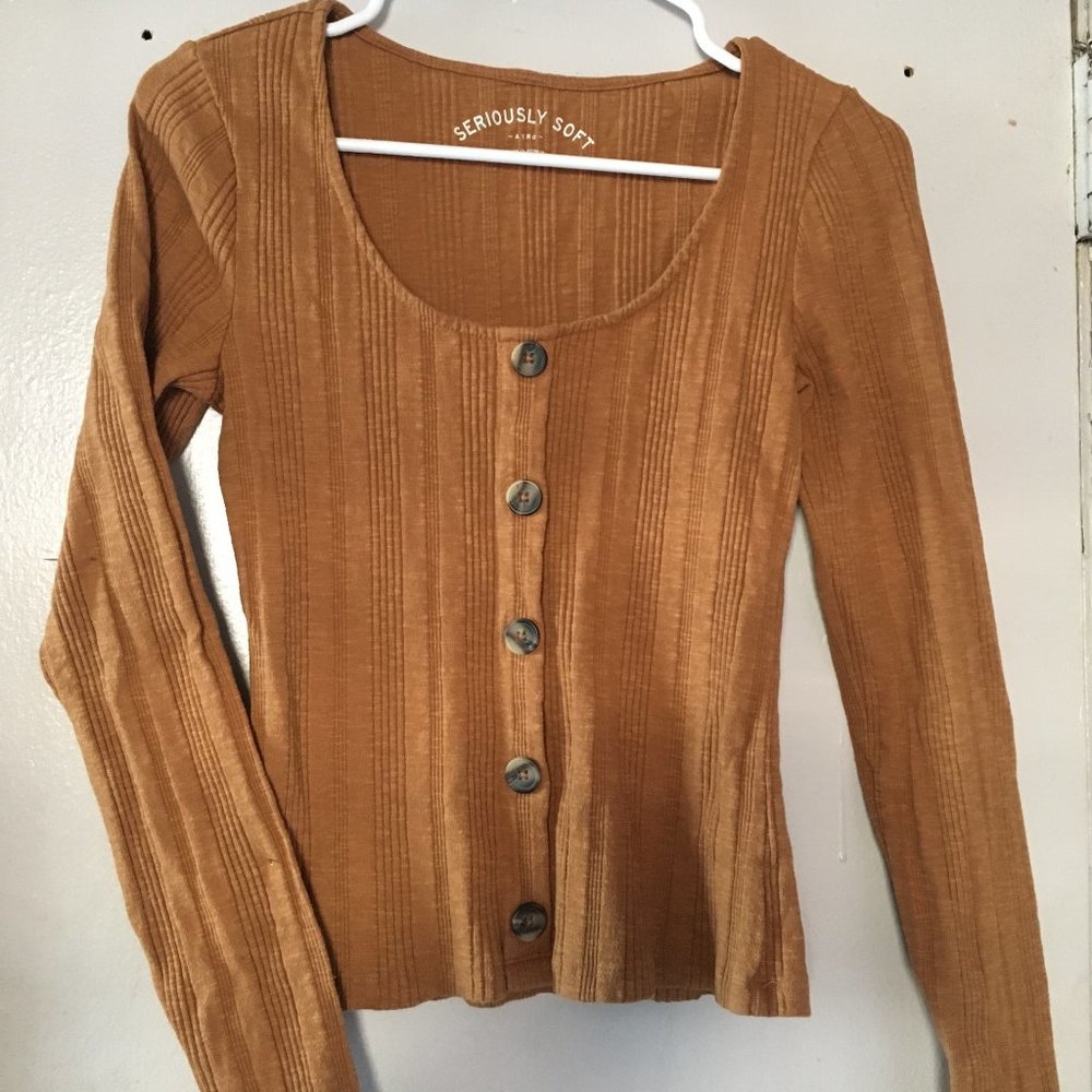 Tawny Colored Ribbed Long Sleeve Semi Cropped Top